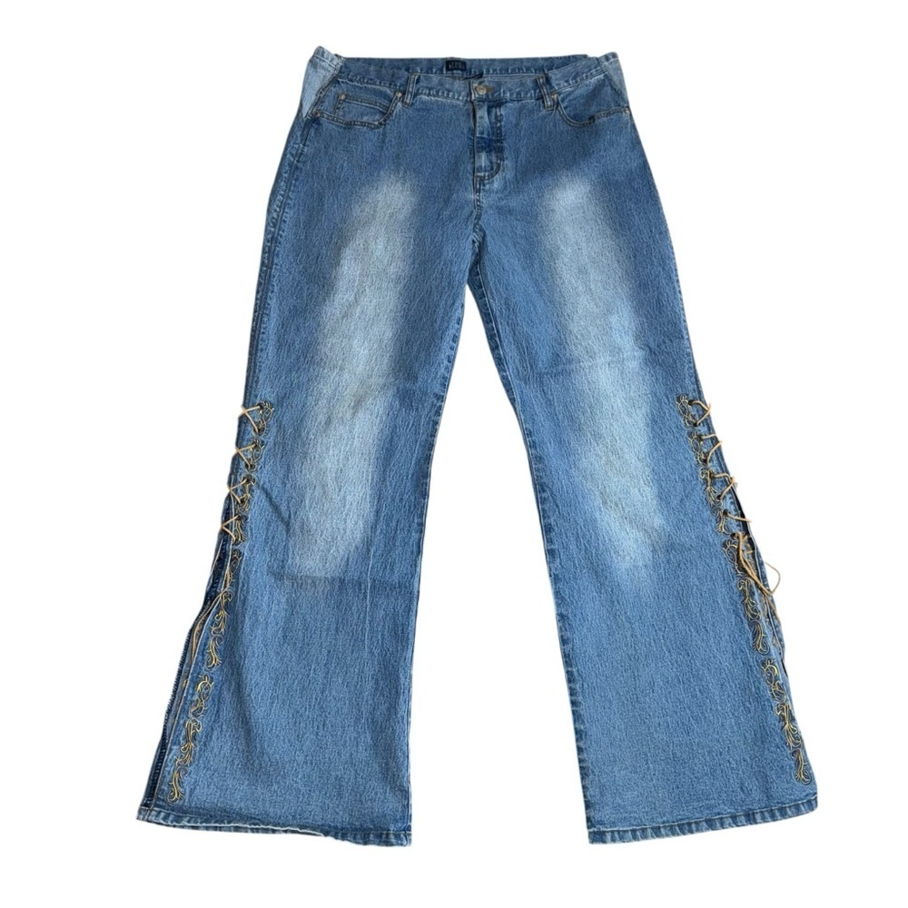 The Blues Lace-Up Wide Leg Jeans Women’s 38W Boho Embroidered Festival Denim